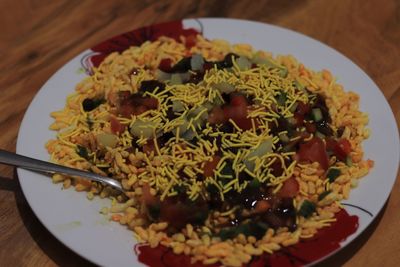 High angle view of breakfast served in plate