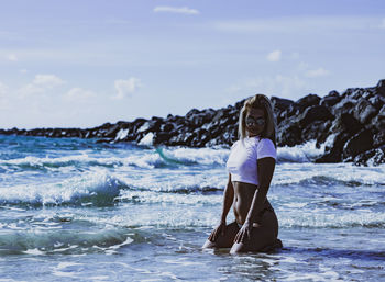 Beautiful girl on the beach. miami beach.