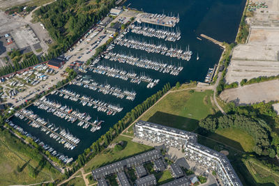 High angle view of buildings in town