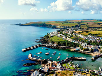 High angle view of bay against sky