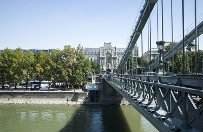 Bridge over river in city against clear sky