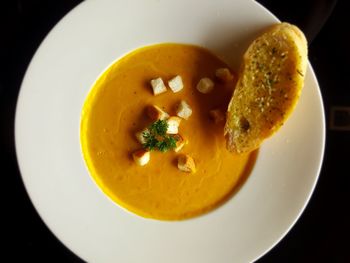 High angle view of soup in bowl