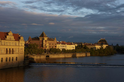 River in city against cloudy sky