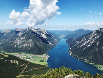 Panoramic view of lake and mountains against blue sky