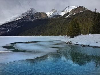 Scenic view of frozen lake and snow covered mountains