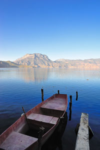 Scenic view of lake against clear blue sky