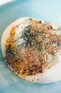 High angle view of ice cream in bowl on table