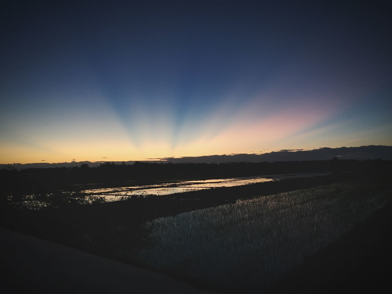 sky, sunset, scenics - nature, tranquility, beauty in nature, tranquil scene, water, nature, land, non-urban scene, no people, silhouette, idyllic, landscape, environment, cloud - sky, field, outdoors, orange color