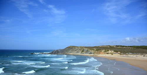 Scenic view of sea against blue sky