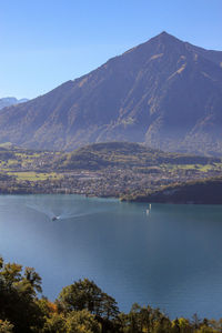 Scenic view of sea and mountain niesen against sky