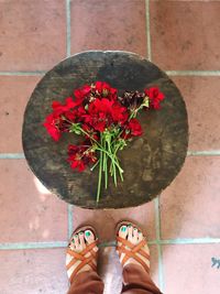 Low section of person standing by flower on floor