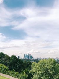 Trees and cityscape against sky