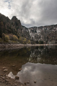 Scenic view of lake and mountains against sky