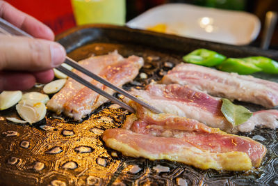 Close-up of hand holding meat