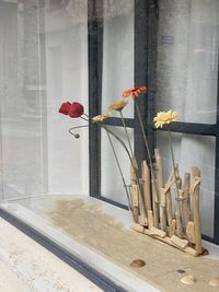 Flower vase against window of building