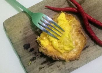 High angle view of cake slice in plate