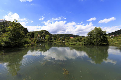 Scenic view of lake by trees against sky