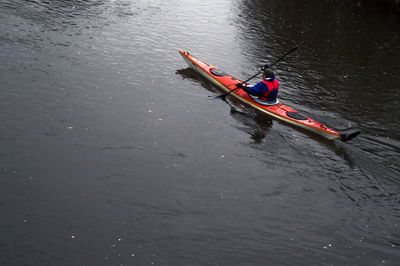 High angle view of man kayaking in river