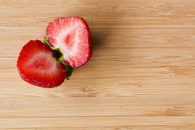 High angle view of strawberries on table