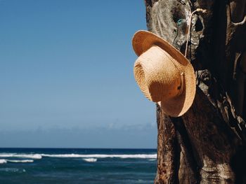 Close-up of hat on beach against clear sky