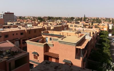 High angle view of townscape against clear sky