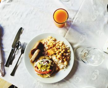 High angle view of breakfast served on table