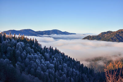 Panoramic view of mountains against clear sky