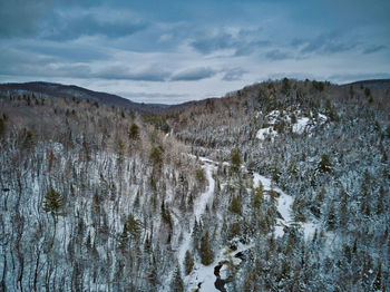 Scenic view of snow covered land against sky