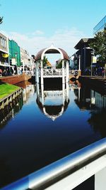 Reflection of buildings in swimming pool against sky