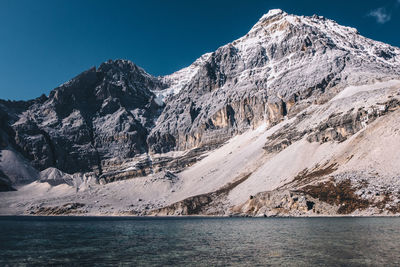 Scenic view of snowcapped mountains and sea against sky