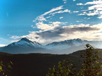 Scenic view of snowcapped mountains against sky