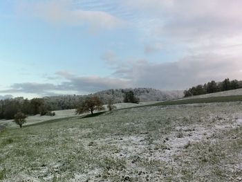 Scenic view of snowy field against sky