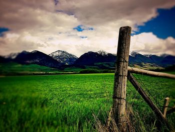 Scenic view of grassy field against cloudy sky