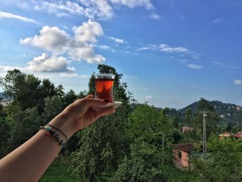 Cropped image of person holding beer glass against sky