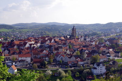 Aerial view of townscape against sky