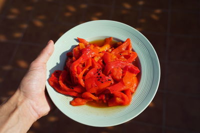 High angle view of person holding red chili peppers in bowl