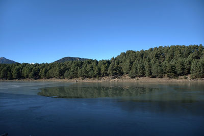 Scenic view of lake against clear blue sky