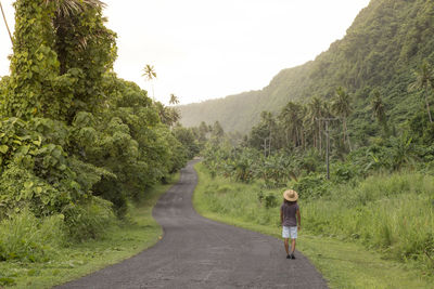 Rear view of man walking on road amidst trees