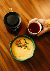 High angle view of breakfast on table