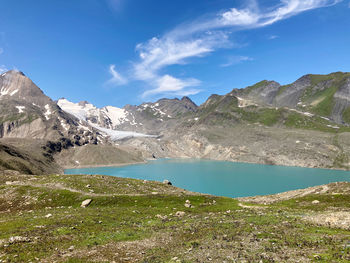 Scenic view of lake by mountains against sky