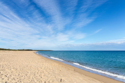 Scenic view of beach against blue sky