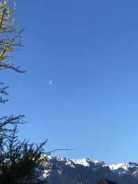 Low angle view of snowcapped mountains against clear blue sky