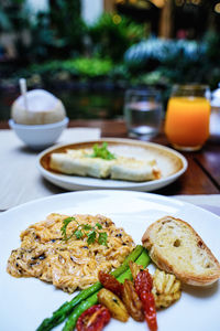 Egg breakfast food in the morning. poached dish. delicious meal plate tasty closeup on table.