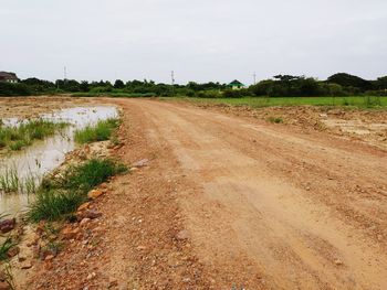 Dirt road amidst field against sky