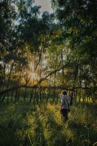 Man standing on tree trunk
