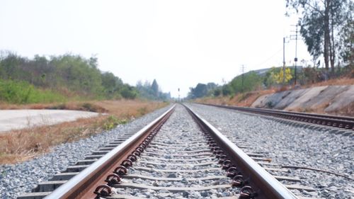 Surface level of railroad tracks against clear sky