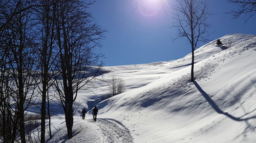 People hiking on snow covered mountain against sky