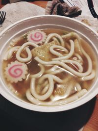 High angle view of soup in bowl on table