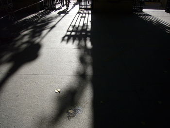 Shadow of people walking on footpath in city