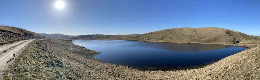 Panoramic view of lake and mountains against clear blue sky